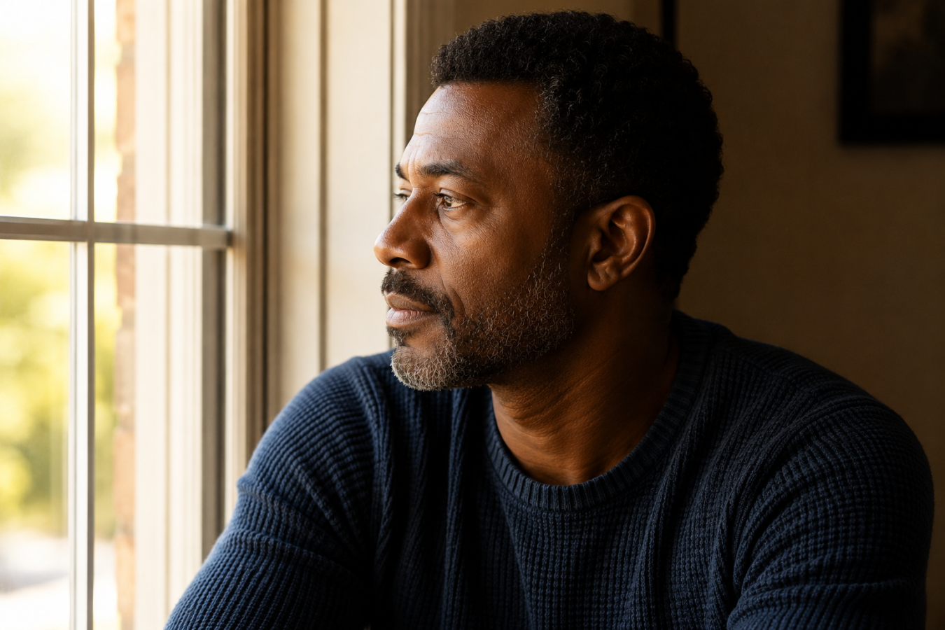 A Black man sitting quietly by a window, looking out with a thoughtful expression — representing the quiet weight many men carry alone.